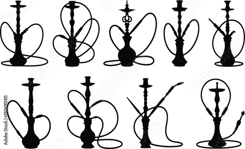 Hookah silhouette illustration set, shisha pipe icons, smoking accessory shapes, cultural graphic, lounge symbol, artistic hose design