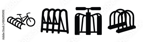Bicycle parking rack icons with a bike, urban transport signs.