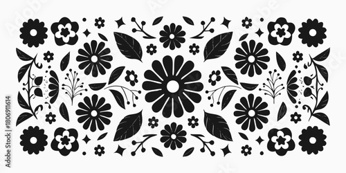 Black and white floral pattern with flowers leaves and berries