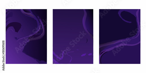 Set of three abstract dark purple backgrounds with flowing shapes and gradients
