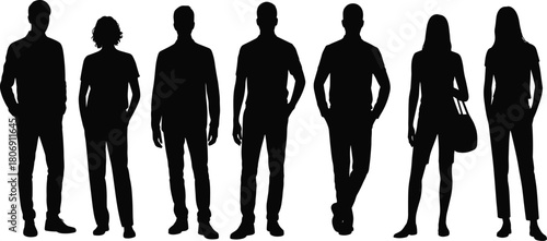 Human silhouette illustration set, diverse standing figures, male and female icons, fashion graphic, posture symbol, people shape design