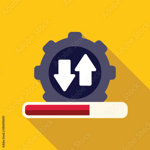 Update process is running, progress bar and gear with upload and download arrows symbolizing software update