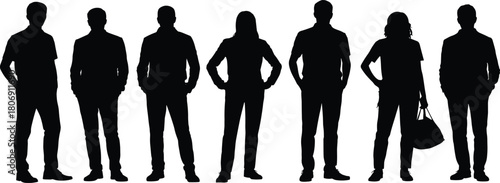 Human silhouette illustration set, standing figure poses, business casual icons, selection highlight graphic, posture symbol, team design