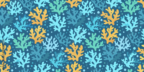 Seamless pattern of colorful coral reefs on a dark blue background