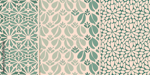 Three seamless patterns with botanical and geometric elements in green and beige