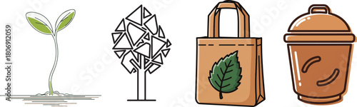 Eco-Friendly Symbols: Sprout, Abstract Tree, Tote Bag, and Pot