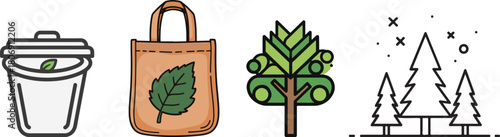 Eco-Friendly Icons: Trash Can, Tote Bag, Stylized Tree, Pine Forest