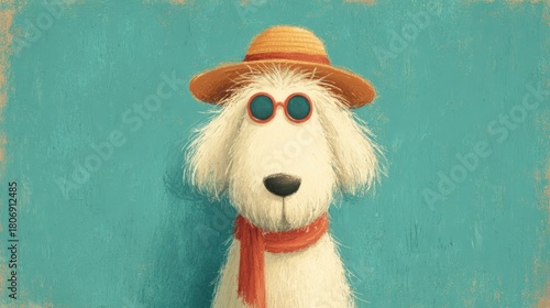 Funny White Shaggy Dog Wearing Sunglasses and a Straw Hat