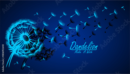 A delicate dandelion vector art on a white background, featuring fine lines and soft details. The floating seeds evoke a sense of freedom, renewal, and nature's fleeting beauty in a minimalist design.