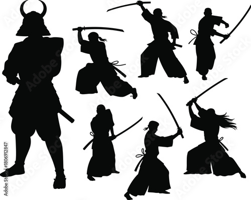 Samurai and sword fighter silhouette set, martial arts poses, katana action icons, warrior graphic, Japanese combat figure shapes