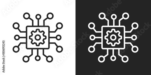Chip Network Icon In Line Version On Black And White Background