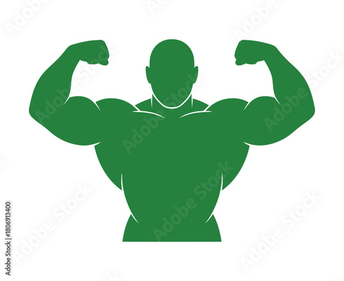 Green bodybuilder man with flexing biceps silhouette on transparent backdrop