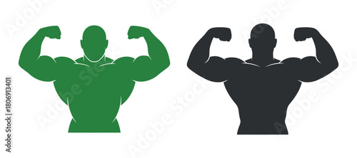 Green and black bodybuilder with flexing biceps silhouette on transparent backdrop