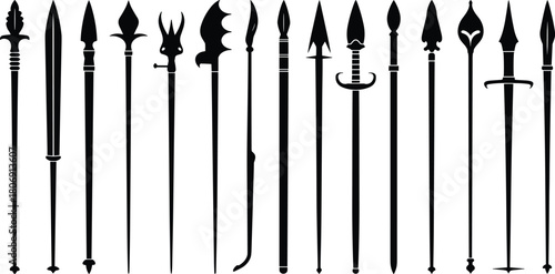 Spear and polearm silhouette illustration set, fantasy weapon icons, medieval blade shapes, combat graphic, warrior symbol, battle design