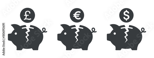 Cracked piggy banks with euro, dollar and pound coins