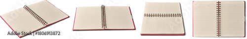 set of open spiral notebook with red cover, blank beige dot grid pages isolated white background, mock-up template of stationery and bullet journals in different angles