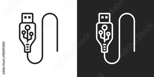 USB Connection Icon In Line Version On Black And White Background