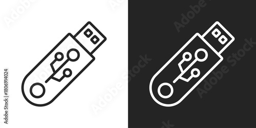 USB Drive Icon In Line Version On Black And White Background
