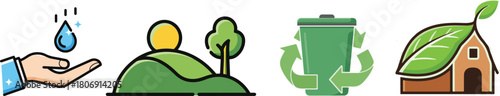 Flat Eco Icons: Hand, Landscape, Recycle Bin, Green House