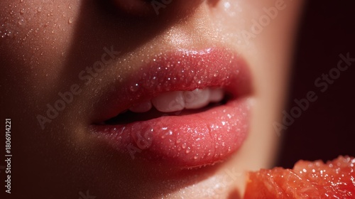 Extreme Close-Up of Woman's Full Lips with Water Droplets