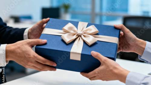 Businessman shows gratitude and appreciation with giving gesture. present for colleague in blue gift box at work