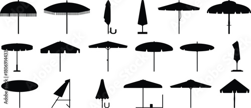 Umbrella and parasol silhouette illustration set, closed and open icons, beach and patio graphic, rain symbol, shade design