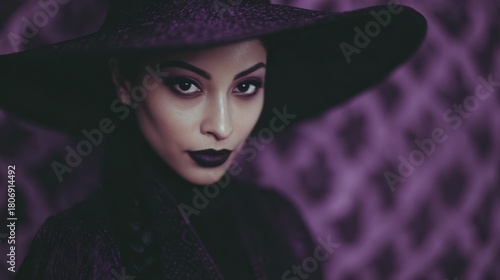 Mysterious Woman in Large Black Wide-Brimmed Hat with Dark Gothic Makeup