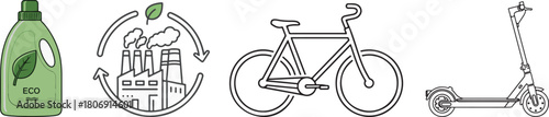 Eco-Friendly Product, Recycling, Bicycle, and Electric Scooter Icons