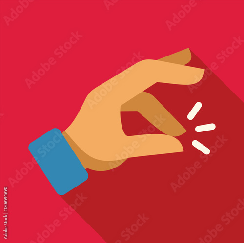 Cartoon hand snapping fingers making a sound, flat design with long shadow