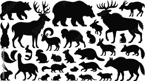 Wild forest animal silhouette illustration set, bear deer fox rabbit icons, nature graphic, wildlife symbol, mammal shape design