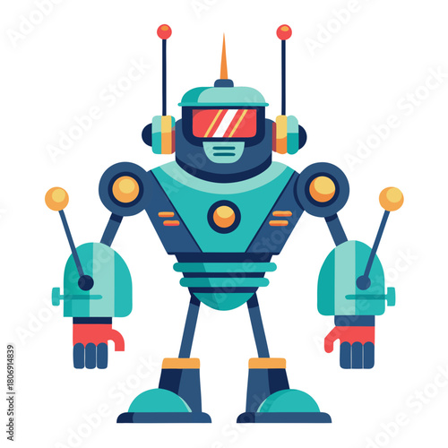 Friendly teal and blue robot with red accents and antennas