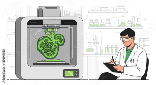 3D printing a human heart using a futuristic bio printer in a scientific laboratory environment