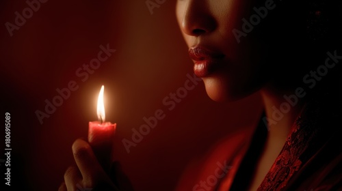 Intimate Portrait of a Woman Holding a Lit Red Candle in Darkness
