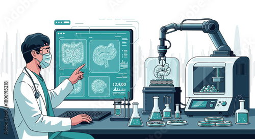Advanced medical research showcasing artificial organs, digital imaging, and scientific innovation