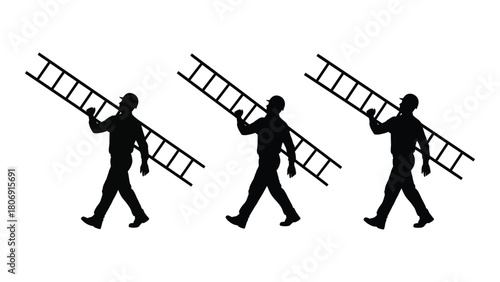 Silhouette of worker carrying ladder isolated on white background, Vector