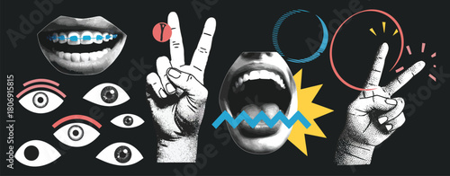 Halftone lips, eyes, mouth and hands vector set, doodle elements with different expressions, smoking cigarette hand gesture, collage cut out design, perfect for banners, posters, and graphic artwork.
