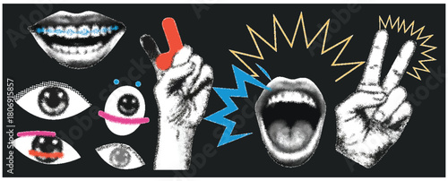 Halftone lips, eyes, mouth and hands vector set, doodle elements with different expressions, smoking cigarette hand gesture, collage cut out design, perfect for banners, posters, and graphic artwork.
