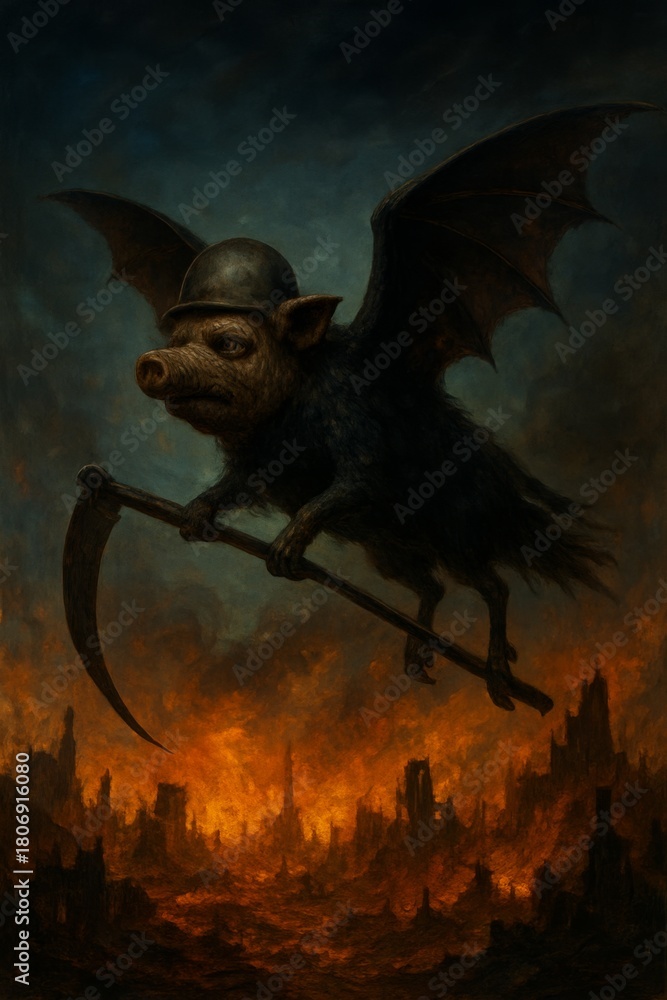 Fototapeta premium Dark Surreal Painting of a Bat-Pig Hybrid Wearing a Helmet and Holding a Scythe Over a Burning Cityscape