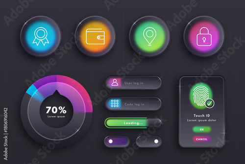 Bright multicolor user interface icons including graphs, maps, messages, sliders, and circular statistics. Perfect for dashboards, app design, UI/UX concepts, and digital products.