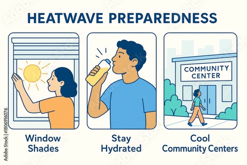 Heatwave preparedness tips showing window shades, hydration, and community centers to stay cool during extreme heat conditions in summer. Ai generative