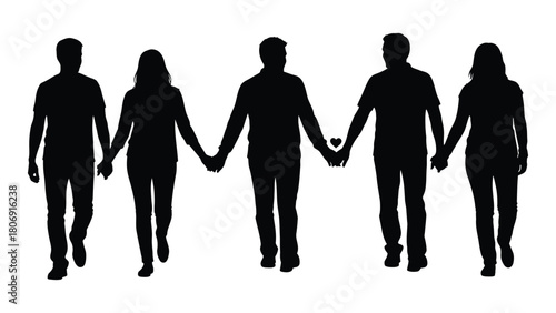 United group holding hands silhouette isolated on white background, Vector