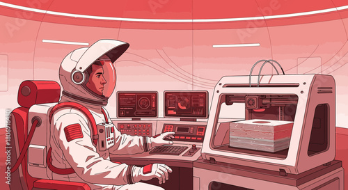 Astronaut using 3D printer in space habitat for scientific advancements and resource independence