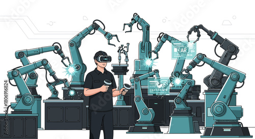 Augmented reality industrial automation showcasing technician in simulated robotic assembly line