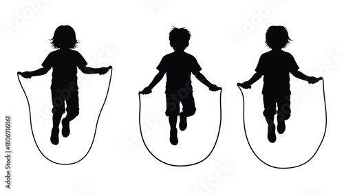 Children jumping rope silhouettes isolated on white background, Vector