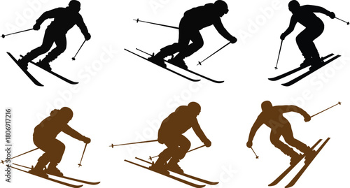 Set Of Black and Brown Ski Poses Vector 