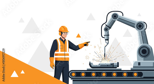 Automated future factory featuring welding robot and supervisor overseeing production