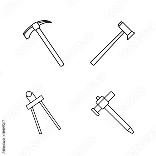Four simple line drawings of tools on white background hammer pickaxe