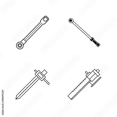 Four black and white line art icons of measuring tools caliper wrench