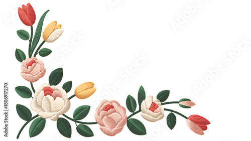 Floral embroidery design featuring roses and tulips on a transparent background