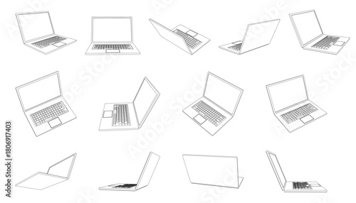 多方向から描いたノートパソコンの線画セット・白背景・ビジネスやITデザインに使えるベクター素材